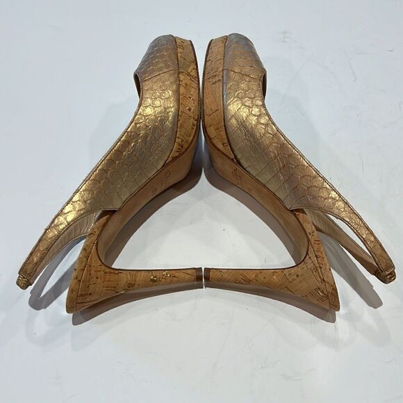 OSCAR DE LA RENTA Women’s Peep Toe Leather Slingback Heels Gold Size 37.5 - Picture 2 of 15